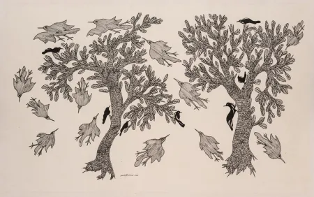 Drawing of Two Trees with Birds Flying and Perched on The Branches